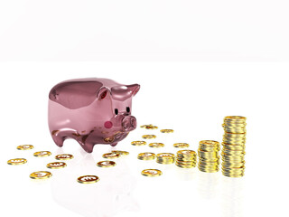 中が空っぽの透明な豚の貯金箱とコインのグラフ　ユーロ