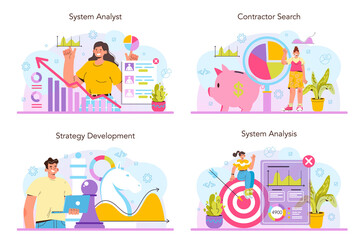 System analyst concept set. IT technologies and systems for business