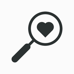 Magnifying glass with heart vector icon isolated on white background. Searching a love sign. 