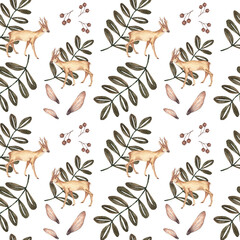 Forest and garden seamless pattern, Botanical illustration of linden seeds, fruits, dill seeds, rowan leaves, roe deer, for pattern packaging, craft paper