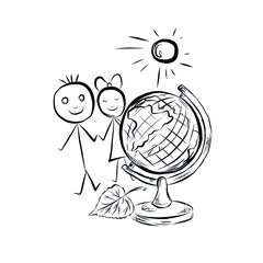 Child's drawing globe, girl, boy and sun. Environmental Protection. Simple linear hand drawing. Logo for school, stationery,