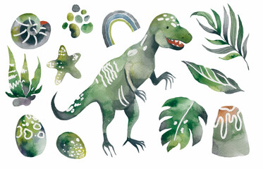 Dinosaur Set clipart. Cute Dino and other fantastic elements of nature of the prehistoric period. cartoon dinosaurs for kids illustration in watercolor hand-drawn style. © Tatyana