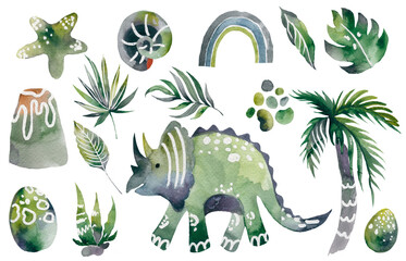 Triceratops Dinosaur Set clipart. Cute Dino and other fantastic elements of nature of the prehistoric period. cartoon dinosaurs for kids illustration in watercolor hand-drawn style.