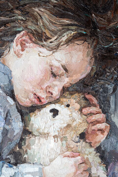 A little girl sleeps in an embrace with a teddy bear. Oil painting on canvas.