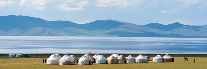 Tourist Yurt Camp on lake Song Kol in Kyrgyzstan 