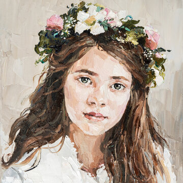 Portrait of a young girl with a wreath of flowers in her hair, oil painting on canvas.
