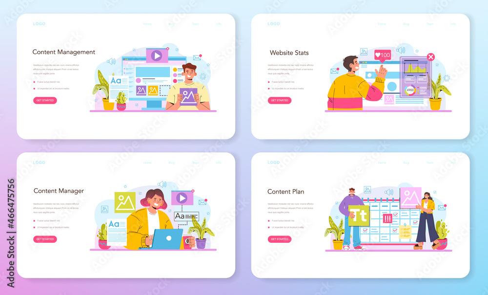 Poster content manager web banner or landing page set. idea of digital promotion