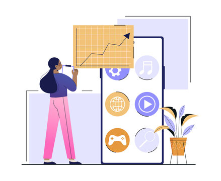 Mobile media optimization concept. Woman stands next to large smartphone and analyzes statistics of user views. Digital Marketing or promotion. SEO strategy. Cartoon modern flat vector illustration