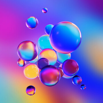 3d render, abstract background with colorful glass balls or iridescent bubbles, microscopic macro