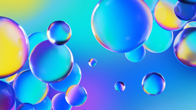 3d render, abstract blue background with iridescent bubbles, scientific macro