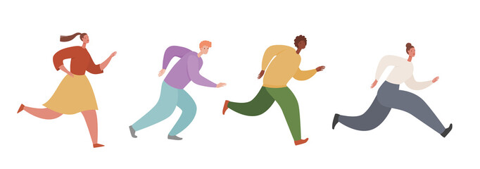Fototapeta premium Set of ambitious people running fast, hurrying to their goals and rushing on urgent businesses. Concept of aspiration to success. Flat vector illustration of runners isolated on white background