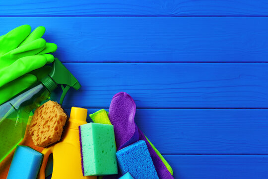 Cleaning Stuff on Blue Wooden Background. Stock Image - Image of clean,  floor: 112435271