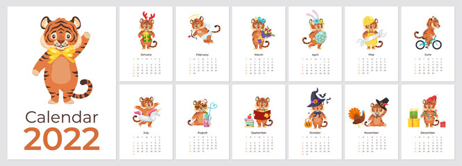 cartoon tiger 2022 calendar vertical A4 template set.