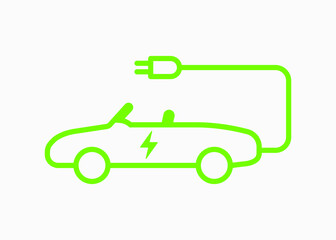 Electric vehicle power charging vector icon isolated on white background. Electrical car symbol. EV icon with charging cable. Convertible automotive body-style variant.