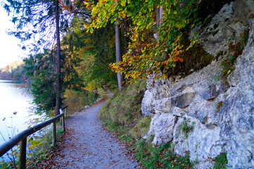 a scenic view of a footpath by lake Alatsee near lake Ober See on a fine autmn day in Bad Faulenbach (Fuessen, Bavaria in Germany)	