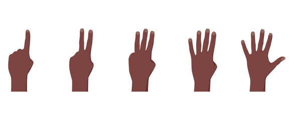 Afro American dark skin color hand palm counting in gesture with fingers one, two, three, four, five. Vector illustration