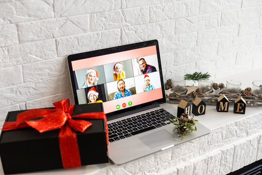 Christmas Day Virtual Meeting Team Teleworking. Family Video Call Remote Conference. Laptop Webcam Screen View. Diverse Portrait Headshots Meet Working From Their Home Offices. Happy Hour Party Online