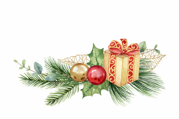 Watercolor vector Christmas card with gift box, balls and fir branches.