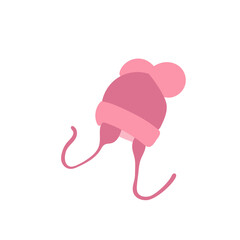 Pink winter hat for children. Knit wool hat with pompoms. Doodle style. 