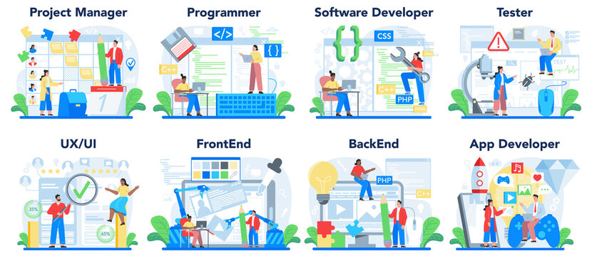 Web development concept set. Programming, coding and presenting