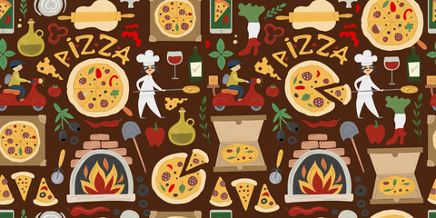 Pizzeria Seamless Pattern Background. Pizza Make and Delivery design elements