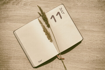july 11. 11th day of month, calendar date.Blank pages of notebook are beige, with dried spikelets. Concept of day of year, time planner, summer month