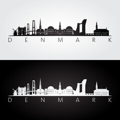Denmark skyline and landmarks silhouette, black and white design, vector illustration.