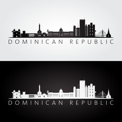 Dominican Republic skyline and landmarks silhouette, black and white design, vector illustration.