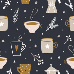 Cozy Christmas seamless pattern with cups, fir tree branches, twigs. Merry Christmas and Happy New Year template. - 466478597