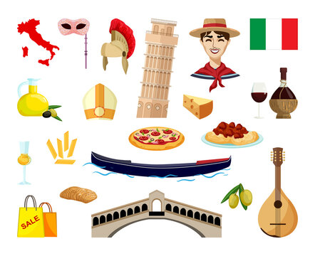 Vector objects associated with Italia. Illustrations of Italian landmarks in modern flat style.