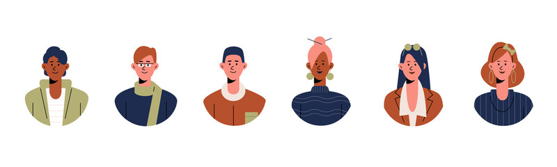Collection of avatars of people. Group of joyful smiling people. Male and female faces in a round frame. Flat vector illustration.