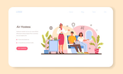 Stewardess web banner or landing page. Flight attendants help passenger