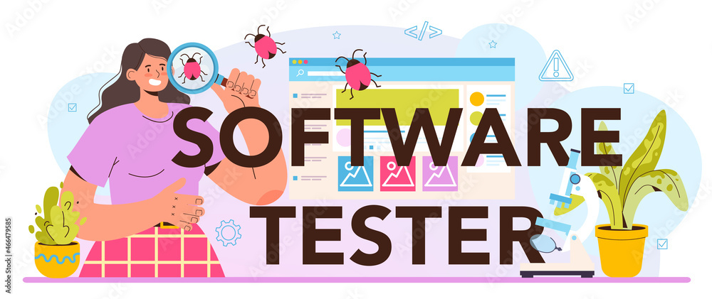 Poster software tester typographic header. application or website