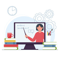 Woman teacher with a school pointer near the blackboard presenting the lesson online on computer screen. Distance learning, online school and web education for schoolchildren and students.