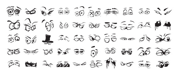Fototapeta na wymiar Collection of cartoon meme eyes in sketch style. Emoji for creating stickers, prints.