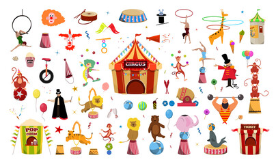 Vector collection of illustrations on the theme of the circus. - obrazy, fototapety, plakaty