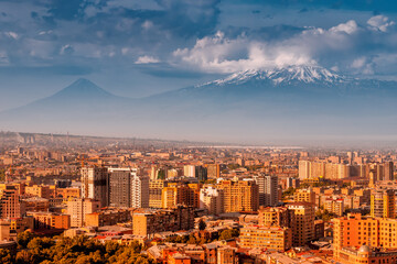 Spectacular telephoto zoom view of the city of Yerevan and Mount Ararat. The concept of real estate...