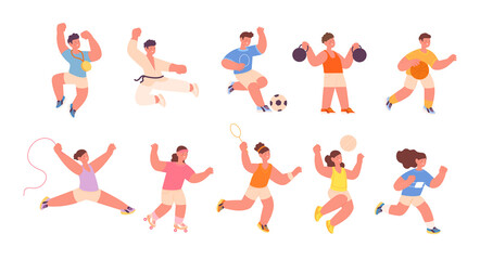 Fototapeta na wymiar Children workout. Kid sport, wellness and physical health. Child fitness athlete. Isolated cartoon kids wear athletic suits and doing exercises utter vector set