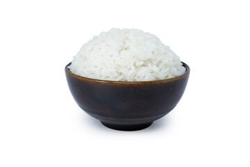 bowl of cooked rice isolated on white background, top view with clipping path.