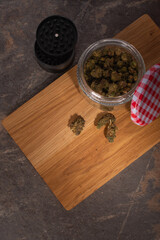 Recreational cannabis in a kitchen setting with a rustic inviting atmosphere. 