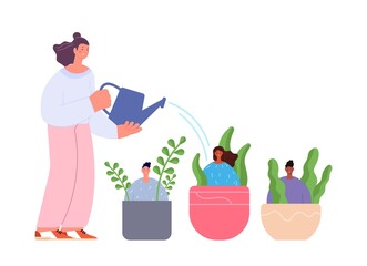 Employees growth. Mentorship concept, manager watering young team. People sit in pots with plants and boss, business group development vector scene