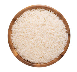 Uncooked rice in wooden bowl top view isolated on white background with clipping path.