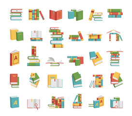 Collection of illustrations with stacks of books.