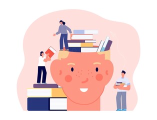 Student education. People and books, reading characters. Human head taking knowledge. Girls and boy study vector concept
