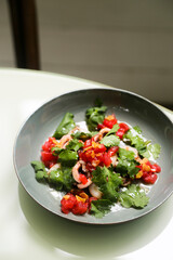 Healthy shrimp salad with tomatoes and cilantro
