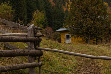 Autumn mountain landscape with fall colored forest and rural wooden house. Countryside nature