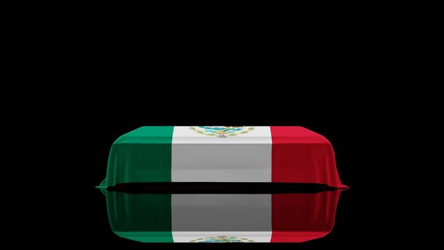 3D rendering of a casket on a Black Background covered with the Country Flag of Mexico