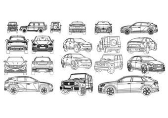 Obraz premium Lot of editable vector cars in different projections