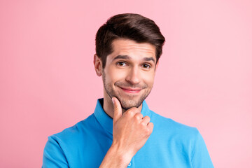 Portrait of young positive peaceful bristle man thinking brainstorming generate idea isolated on pink color background