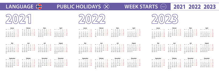 Simple calendar template in Norwegian for 2021, 2022, 2023 years. Week starts from Monday.